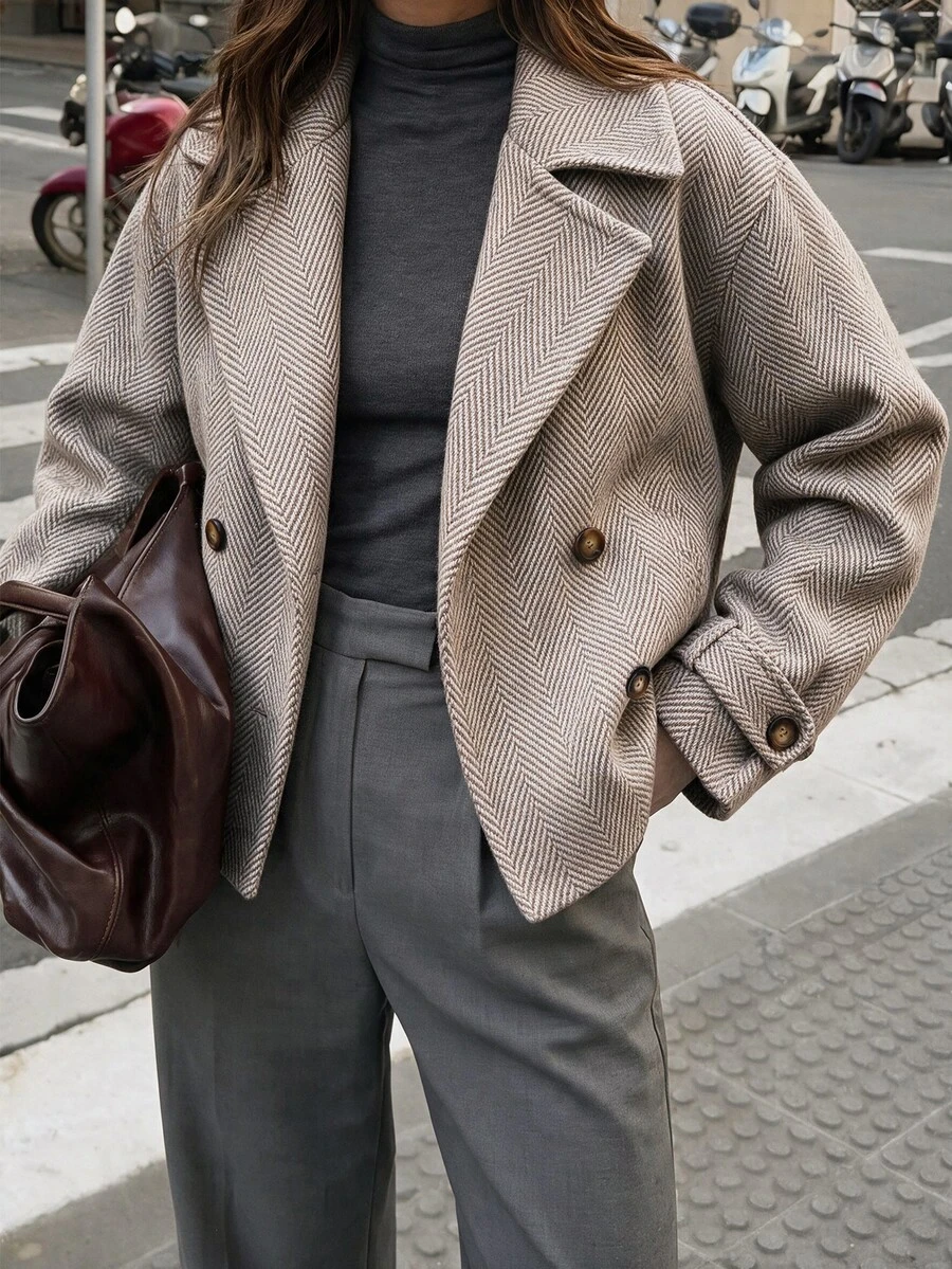 Flora Isola Flora Isola Women's Large Lapel Decorative Button Long Sleeve Wool Blend Jacket, Casual Daily Wear - Apricot - View 1