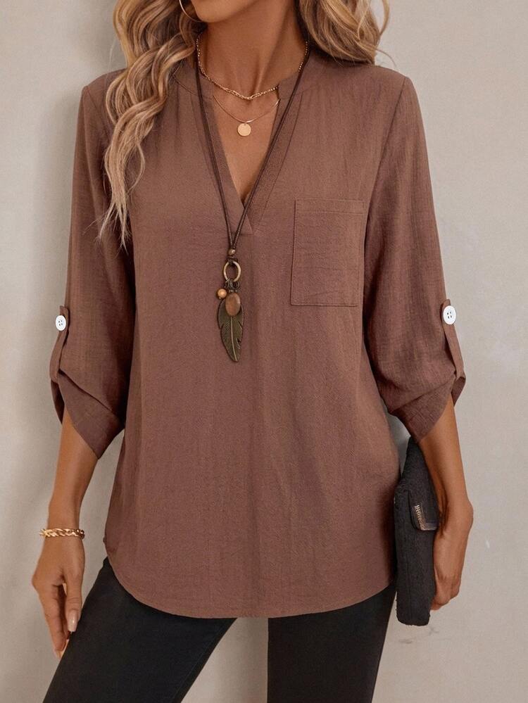 EMERY ROSE Women's Pure Cotton Shirt, Coffee Brown, Notch Collar, 3/4 Sleeve, Autumn/Winter Office Work Casual - Coffee Brown - View 5