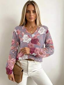 EMERY ROSE Women's Casual Romantic Elegant Loose V-Neck Long Sleeve Pullover Sweater, Autumn/Winter Brunch Tea Party Grey And Pink Floral - White - View 2