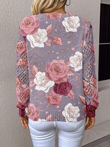 EMERY ROSE Women's Casual Romantic Elegant Loose V-Neck Long Sleeve Pullover Sweater, Autumn/Winter Brunch Tea Party Grey And Pink Floral - White - View 3