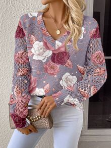 EMERY ROSE Women's Casual Romantic Elegant Loose V-Neck Long Sleeve Pullover Sweater, Autumn/Winter Brunch Tea Party Grey And Pink Floral - White - View 6