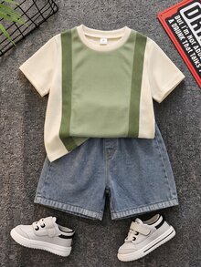 SHEIN 兒童小男孩/小女孩 2件組配色拼接休閒時尚條紋短袖T恤與牛仔短褲套裝 - 彩色 - 查看 2