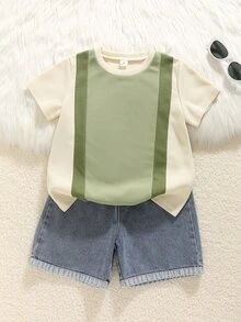 SHEIN 兒童小男孩/小女孩 2件組配色拼接休閒時尚條紋短袖T恤與牛仔短褲套裝 - 彩色 - 查看 3