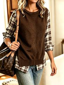 Breezaya Women's Patchwork Plaid Long Sleeve Round Neck Casual Shirt - Multicolor - View 3
