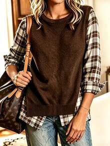 Breezaya Women's Patchwork Plaid Long Sleeve Round Neck Casual Shirt - Multicolor - View 5