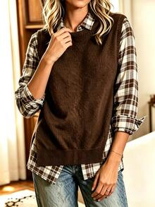 Breezaya Women's Patchwork Plaid Long Sleeve Round Neck Casual Shirt - Multicolor - View 6