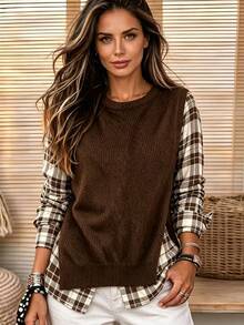 Breezaya Women's Patchwork Plaid Long Sleeve Round Neck Casual Shirt - Multicolor - View 1
