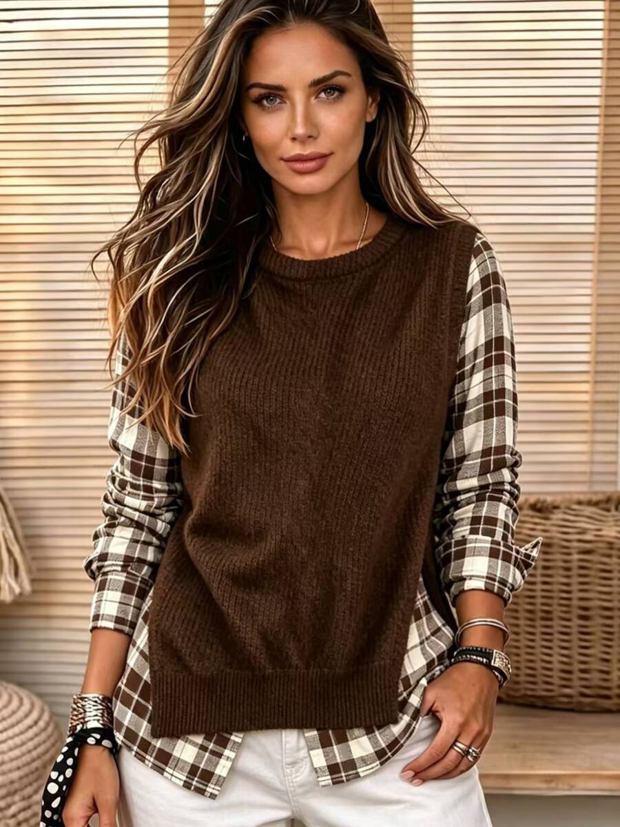 Breezaya Women's Patchwork Plaid Long Sleeve Round Neck Casual Shirt - Multicolor - View 1