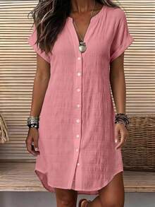 EMERY ROSE Women's Dusty Pink Solid Color Textured Button Short Sleeve Casual Short Dress, Summer/ Vacation Versatile Basics Brunch - Pink - View 1