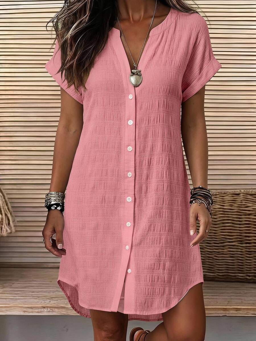 EMERY ROSE Women's Dusty Pink Solid Color Textured Button Short Sleeve Casual Short Dress, Summer/ Vacation Versatile Basics Brunch - Pink - View 1
