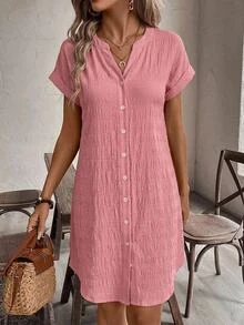 EMERY ROSE Women's Dusty Pink Solid Color Textured Button Short Sleeve Casual Short Dress, Summer/ Vacation Versatile Basics Brunch - Pink - View 3