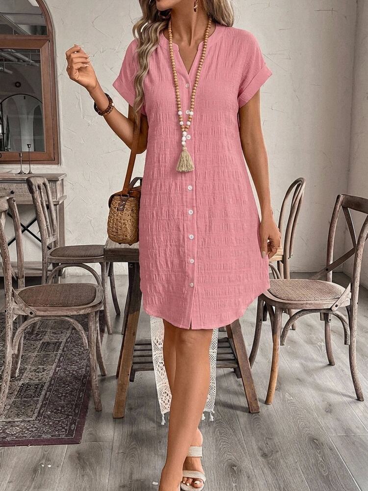 EMERY ROSE Women's Dusty Pink Solid Color Textured Button Short Sleeve Casual Short Dress, Summer/ Vacation Versatile Basics Brunch - Pink - View 6