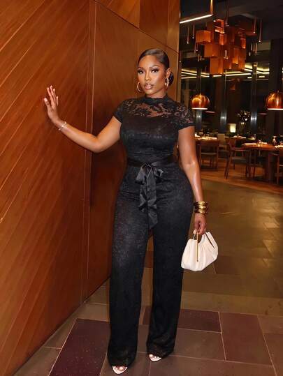 Veslaya Autumn Elegant Black Lace Strap High Neck Jumpsuit,Formal Evening Night Out Club Party Banquet Plus Size Regular Jumpsuit Valentine's Day Outfit