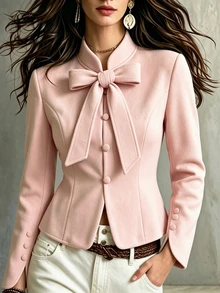 Yalmera Women's Solid Color Front Knot Long Sleeve Single-Breasted Overcoat Office Everyday Soft Pink Autumn Elegant - Baby Pink - View 3