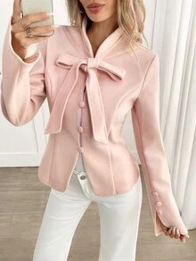 Yalmera Women's Solid Color Front Knot Long Sleeve Single-Breasted Overcoat Office Everyday Soft Pink Autumn Elegant - Baby Pink - View 5