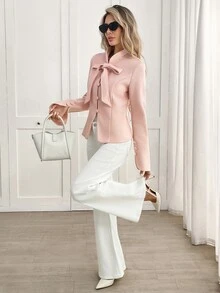Yalmera Women's Solid Color Front Knot Long Sleeve Single-Breasted Overcoat Office Everyday Soft Pink Autumn Elegant - Baby Pink - View 6