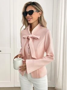 Yalmera Women's Solid Color Front Knot Long Sleeve Single-Breasted Overcoat Office Everyday Soft Pink Autumn Elegant - Baby Pink - View 4