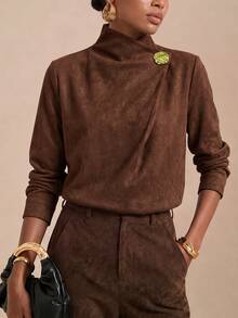 Vesra Suede Asymmetric Half-High Collar Metal Decorative Buckle Long Sleeve Elegant Women's Blouse - Coffee Brown - View 4