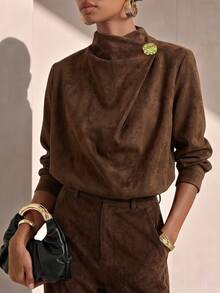 Vesra Suede Asymmetric Half-High Collar Metal Decorative Buckle Long Sleeve Elegant Women's Blouse - Coffee Brown - View 3