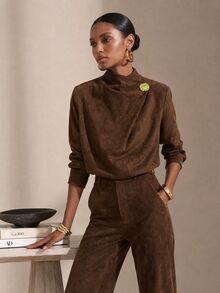 Vesra Suede Asymmetric Half-High Collar Metal Decorative Buckle Long Sleeve Elegant Women's Blouse - Coffee Brown - View 6
