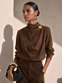 Vesra Suede Asymmetric Half-High Collar Metal Decorative Buckle Long Sleeve Elegant Women's Blouse - Coffee Brown - View 1