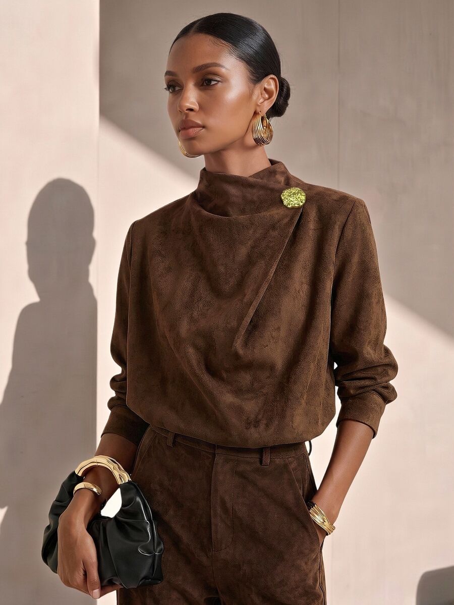 Vesra Suede Asymmetric Half-High Collar Metal Decorative Buckle Long Sleeve Elegant Women's Blouse - Coffee Brown - View 1