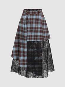 Sweetra Early Autumn New Vintage Plaid Lace Patchwork Asymmetrical Hem Design Daily Versatile Fashion High-End Women's Long Skirt - Multicolor - View 5