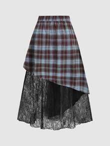 Sweetra Early Autumn New Vintage Plaid Lace Patchwork Asymmetrical Hem Design Daily Versatile Fashion High-End Women's Long Skirt - Multicolor - View 2