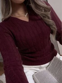 SHEIN EZwear Plus Size Vintage Fashion Embroidered Long Sleeve Pullover Sweater Winter - Burgundy - View 7