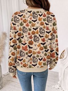 SHEIN LUNE Women's Crew Neck Pullover Long Sleeve Sweatshirt With Maple Leaf, Halloween Flower And Pumpkin Pattern, Autumn/Winter - White - View 7