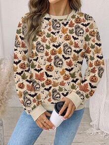 SHEIN LUNE Women's Crew Neck Pullover Long Sleeve Sweatshirt With Maple Leaf, Halloween Flower And Pumpkin Pattern, Autumn/Winter - White - View 4