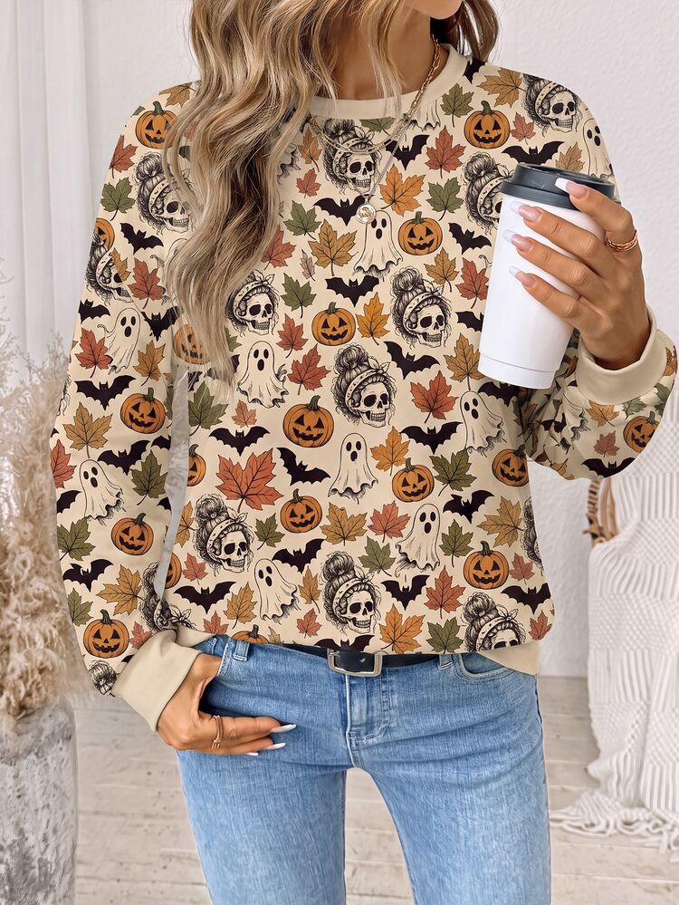SHEIN LUNE Women's Crew Neck Pullover Long Sleeve Sweatshirt With Maple Leaf, Halloween Flower And Pumpkin Pattern, Autumn/Winter - White - View 8