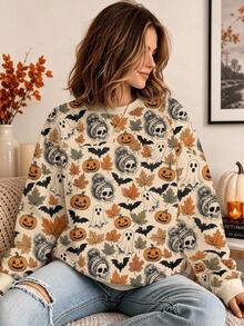 SHEIN LUNE Women's Crew Neck Pullover Long Sleeve Sweatshirt With Maple Leaf, Halloween Flower And Pumpkin Pattern, Autumn/Winter - White - View 6