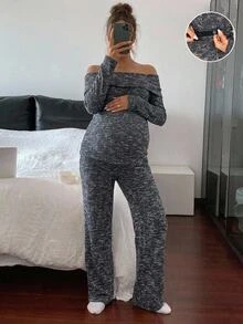 SHEIN Maternity Solid Color Cold Shoulder Long Sleeve Top And Adjustable Waist Long Pants Casual Elegant Daily 2 Pieces Set Autumn Photoshoot Formal Grey - Dark Grey - View 8