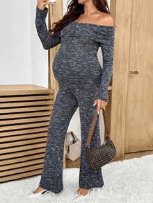 SHEIN Maternity Solid Color Cold Shoulder Long Sleeve Top And Adjustable Waist Long Pants Casual Elegant Daily 2 Pieces Set Autumn Photoshoot Formal Grey - Dark Grey - View 3
