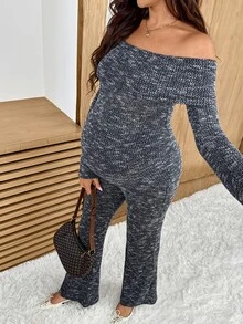 SHEIN Maternity Solid Color Cold Shoulder Long Sleeve Top And Adjustable Waist Long Pants Casual Elegant Daily 2 Pieces Set Autumn Photoshoot Formal Grey - Dark Grey - View 6