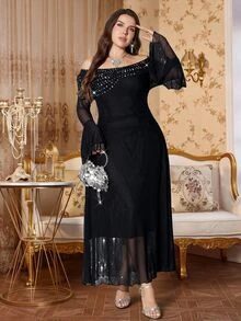 Reflora Plus Size Elegant Romantic Rhinestone Cold Shoulder Dress Autumn Halloween Cocktail Formal Evening Black - Black - View 4