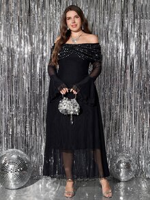 Reflora Plus Size Elegant Romantic Rhinestone Cold Shoulder Dress Autumn Halloween Cocktail Formal Evening Black - Black - View 8
