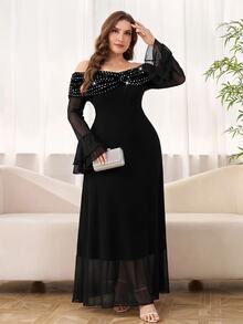 Reflora Plus Size Elegant Romantic Rhinestone Cold Shoulder Dress Autumn Halloween Cocktail Formal Evening Black - Black - View 9
