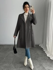 SHEIN Women's Solid Color Suede Double-Breasted Side Pocket Regular Jacket - Grey - View 8