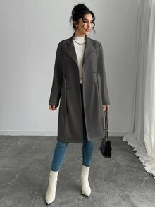 SHEIN Women's Solid Color Suede Double-Breasted Side Pocket Regular Jacket - Grey - View 4