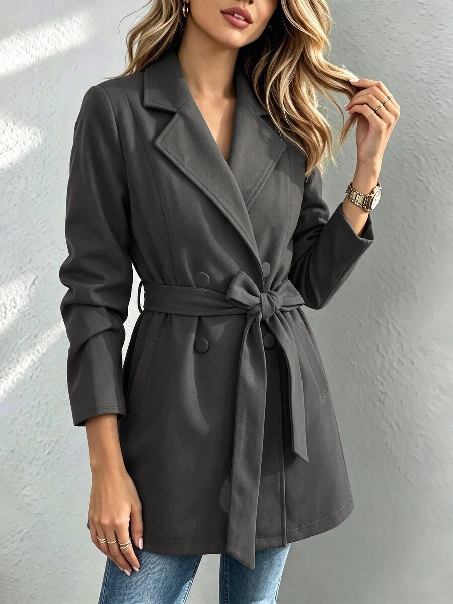 SHEIN Women's Solid Color Suede Double-Breasted Side Pocket Regular Jacket - Grey - View 1