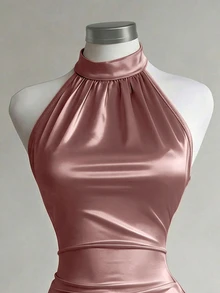 Franclia New Women's Elegant Sexy Halter Neck Champagne Gold Satin Halter Neck Dress, Ruched Cinched Waist-Up Bodycon Mini Dress, Sexy Hot Girl Elegant Party Dress Women's Dress - Pink - View 4