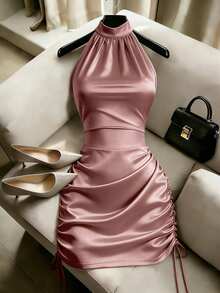 Franclia New Women's Elegant Sexy Halter Neck Champagne Gold Satin Halter Neck Dress, Ruched Cinched Waist-Up Bodycon Mini Dress, Sexy Hot Girl Elegant Party Dress Women's Dress - Pink - View 6