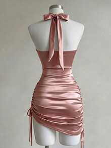 Franclia New Women's Elegant Sexy Halter Neck Champagne Gold Satin Halter Neck Dress, Ruched Cinched Waist-Up Bodycon Mini Dress, Sexy Hot Girl Elegant Party Dress Women's Dress - Pink - View 2