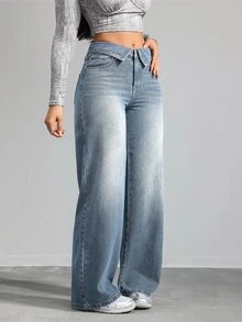 SHEIN Tall 女款直筒牛仔褲，附拉鍊口袋與鈕扣，冬季正式商務時尚基本款，哥德風，適合萬聖節、聖誕節與節慶，高身長加絨抓毛 - 藍色 - 查看 7
