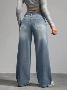 SHEIN Tall 女款直筒牛仔褲，附拉鍊口袋與鈕扣，冬季正式商務時尚基本款，哥德風，適合萬聖節、聖誕節與節慶，高身長加絨抓毛 - 藍色 - 查看 3