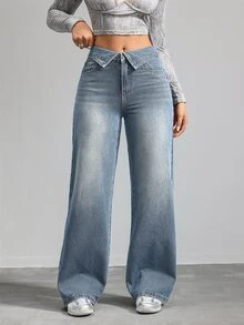 SHEIN Tall 女款直筒牛仔褲，附拉鍊口袋與鈕扣，冬季正式商務時尚基本款，哥德風，適合萬聖節、聖誕節與節慶，高身長加絨抓毛 - 藍色 - 查看 4