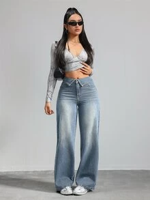 SHEIN Tall 女款直筒牛仔褲，附拉鍊口袋與鈕扣，冬季正式商務時尚基本款，哥德風，適合萬聖節、聖誕節與節慶，高身長加絨抓毛 - 藍色 - 查看 5