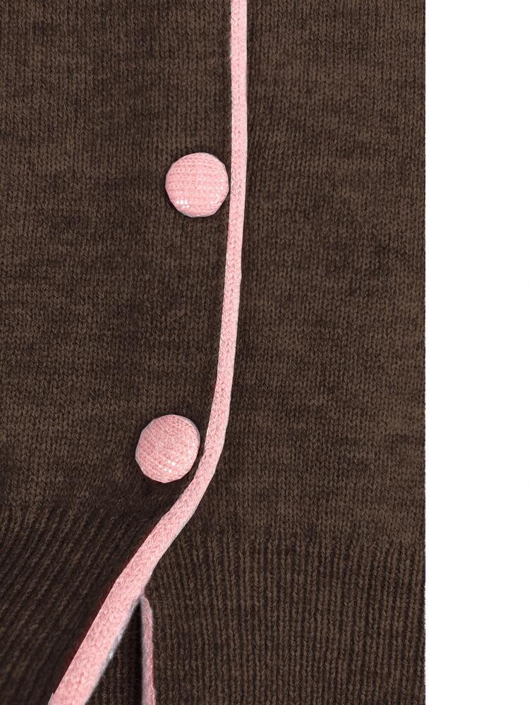 Franclia European And American New Style Blogger Same Style Fashionable Design Colorblock Round Neck Loose Knit Sweater Cardigan - Chocolate Brown - View 5